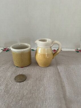 Mini/Individual Yellow & Cream Glazed Creamer and Sugar Set